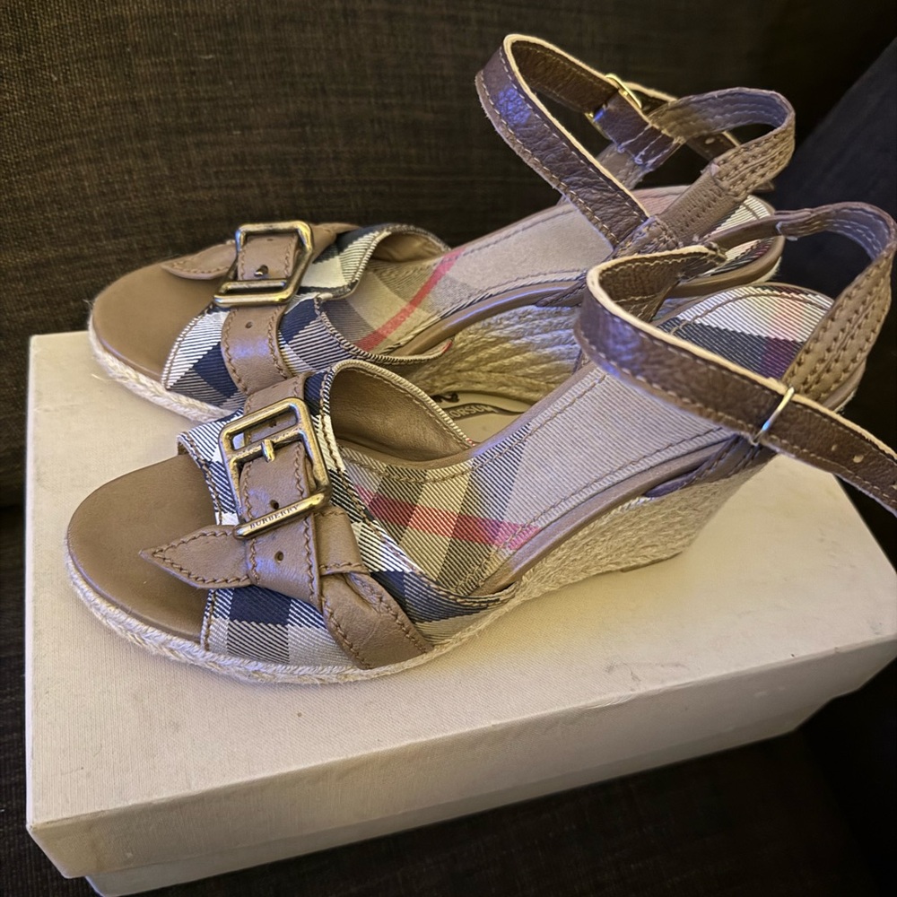 Burberry Tan and Blue Plaid Wedge Sandals